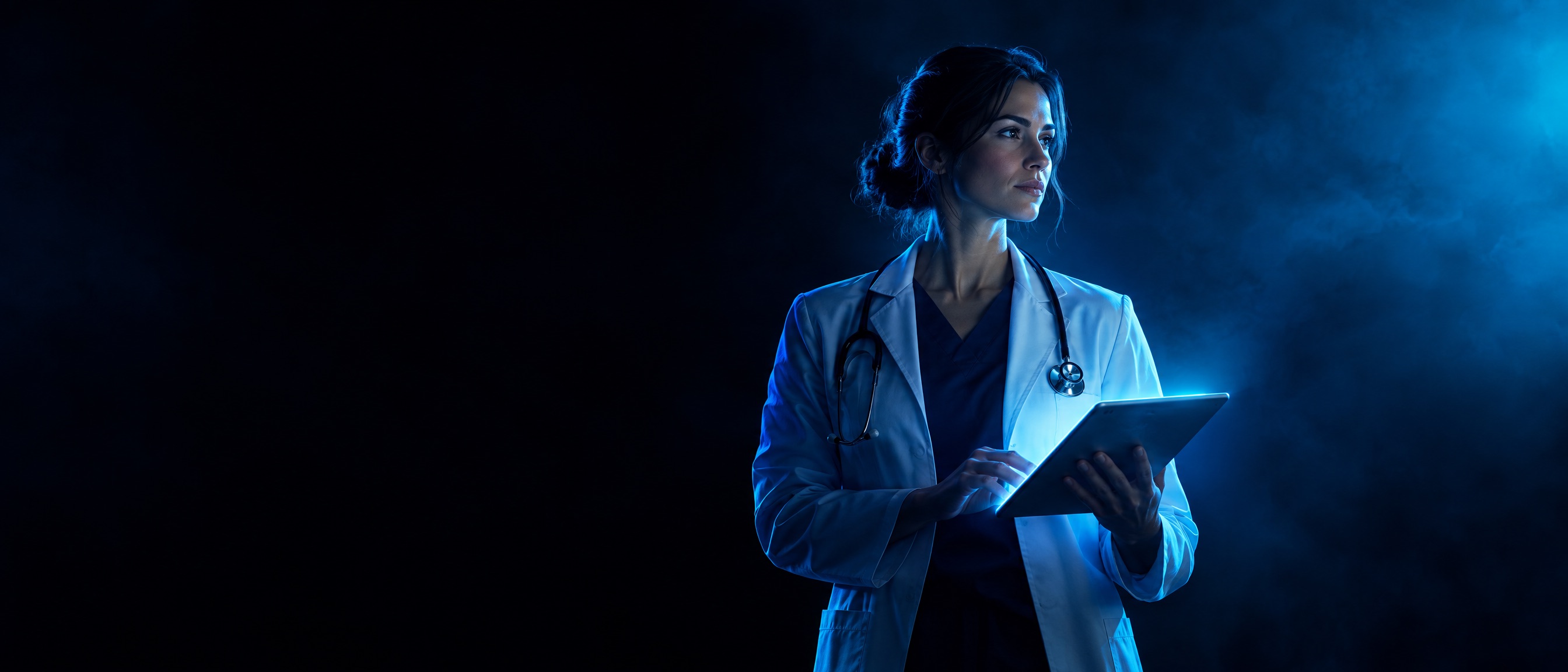 Doctor in a modern telehealth studio under blue light