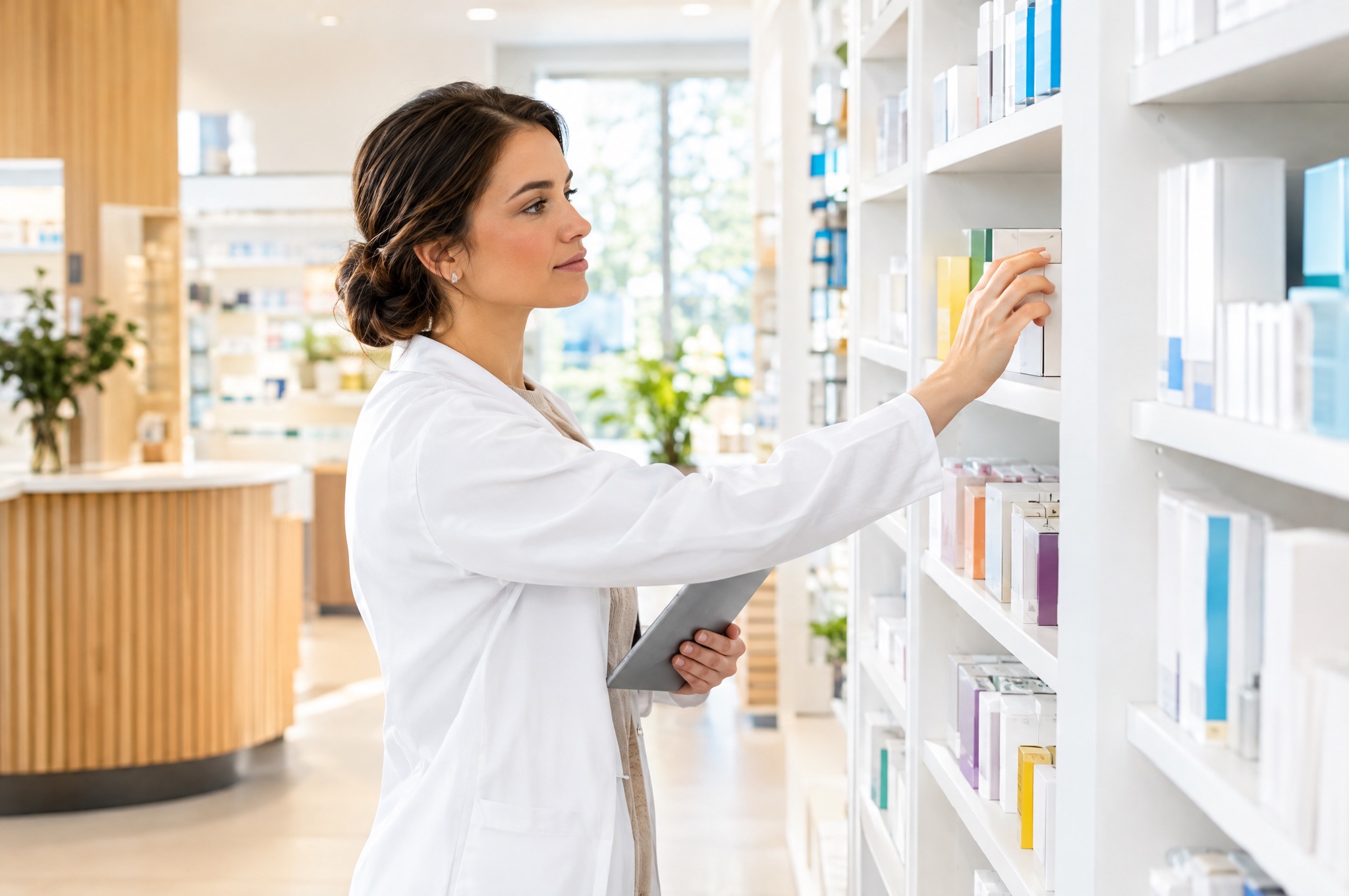 Pharmacist at modern pharmacy shelving